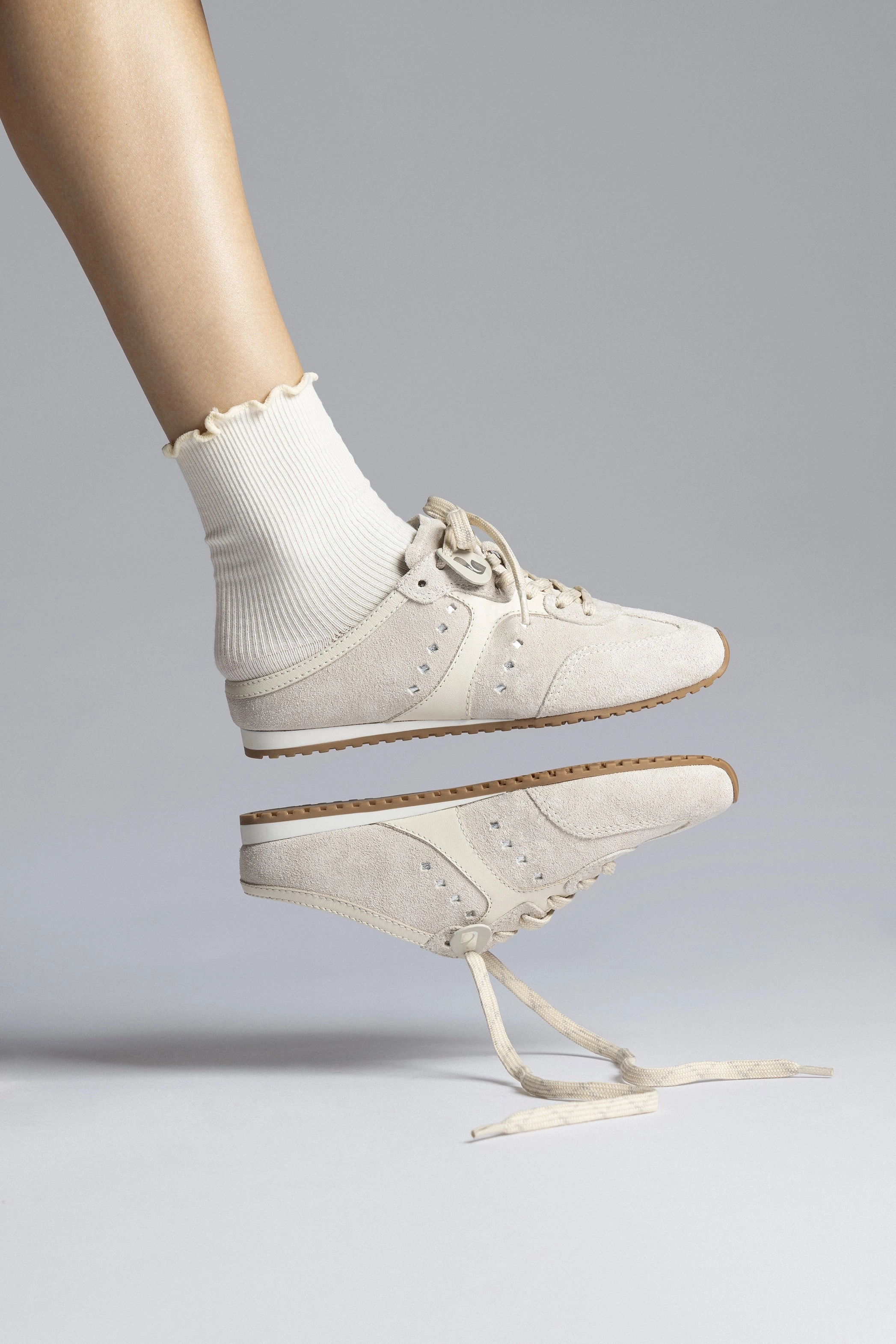 Rock Guard Linen Air Stella Mule In Mushroom Grey Suede and Ivory Leather