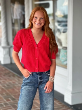 Steve Madden Janae Cardigan in Red Sustainable Cotton Contoured Side Panels