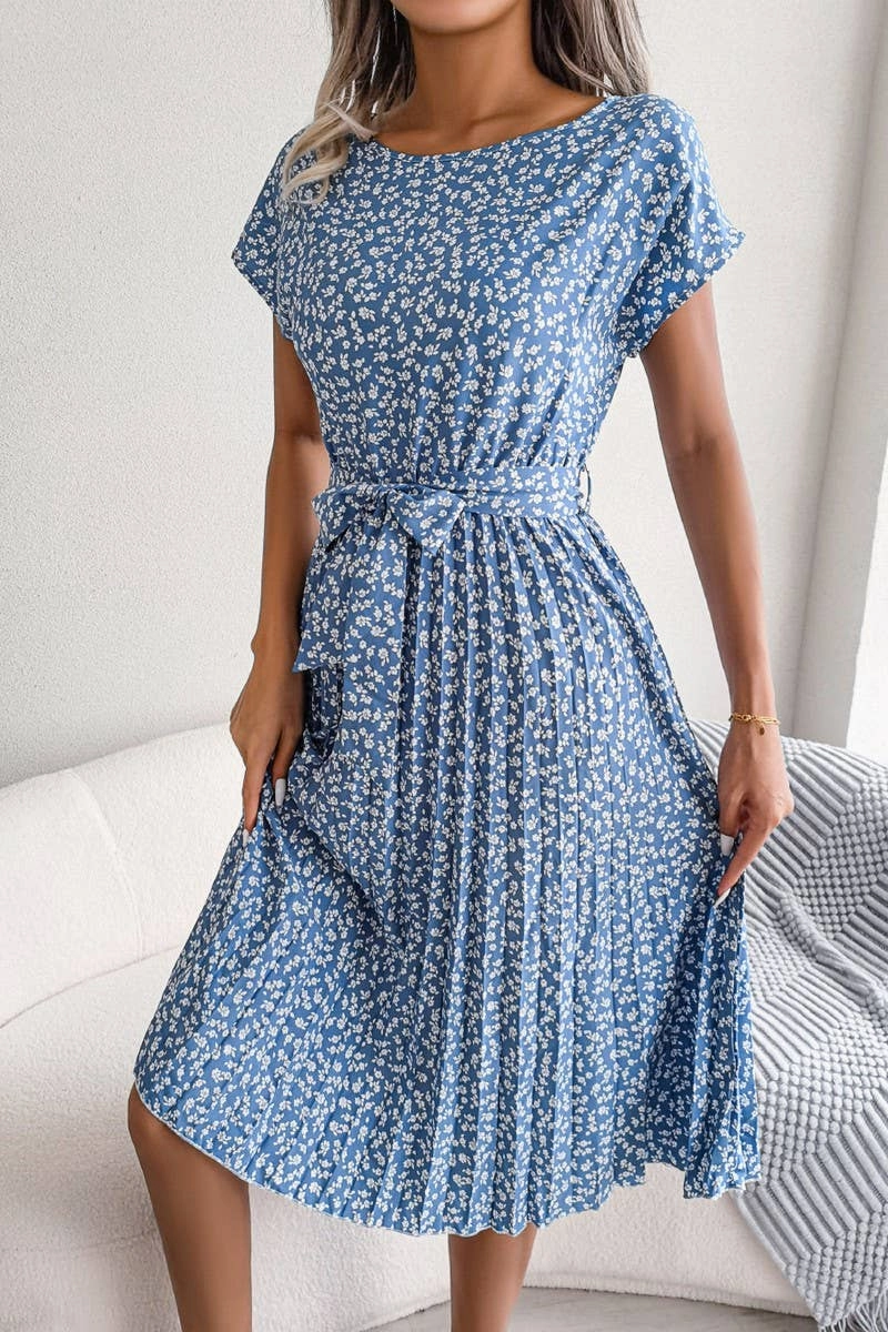 Metallic-Shine CASUAL SHORT SLEEVE FLORAL LARGE PLEATED DRESS_CWDSD2554