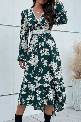 Polished and Elegant FLORAL PATTERN V NECK ELEGANT DRESS