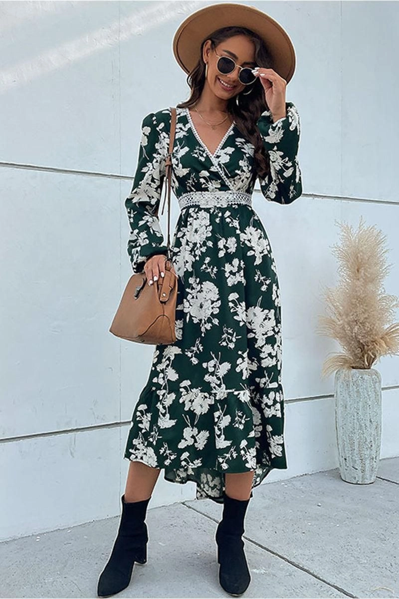 City Layer FLORAL PATTERN V NECK ELEGANT DRESS