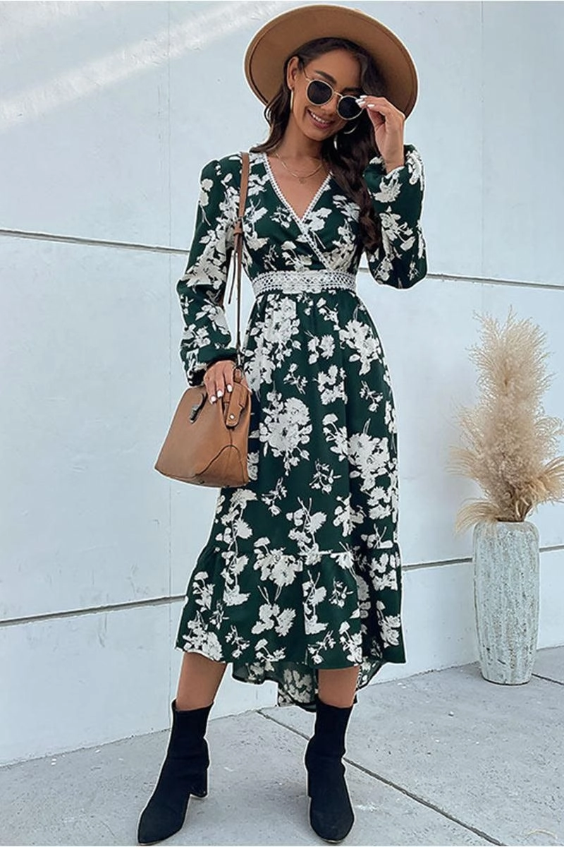 FLORAL PATTERN V NECK ELEGANT DRESS Glossy Fabric