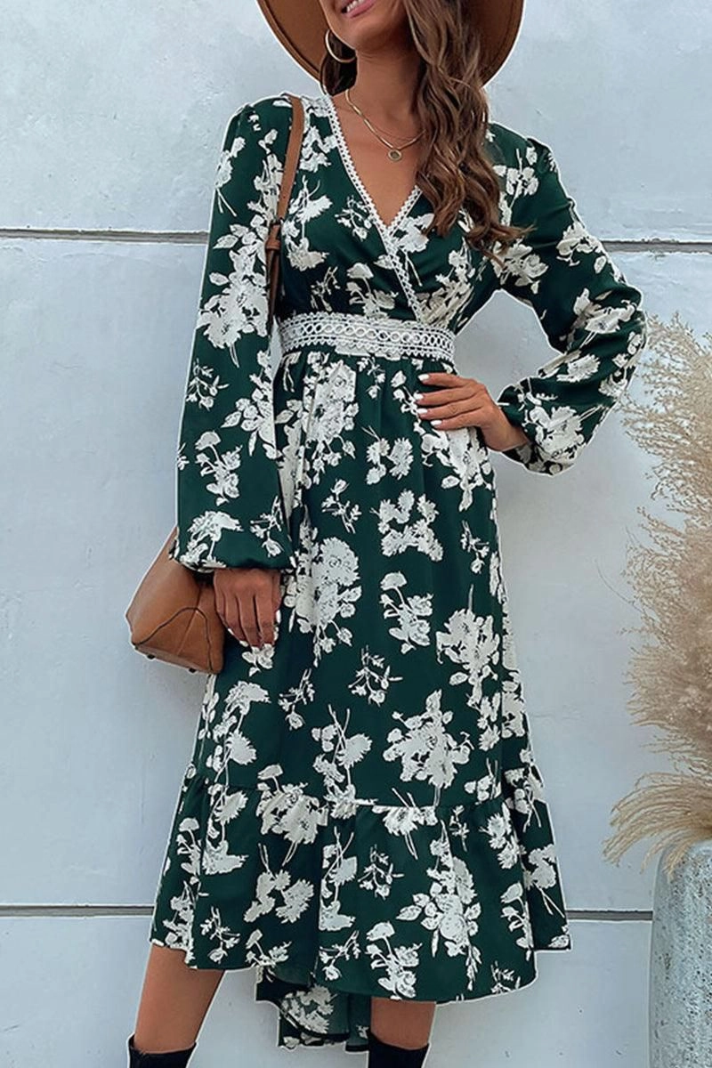 Soft Stretch FLORAL PATTERN V NECK ELEGANT DRESS