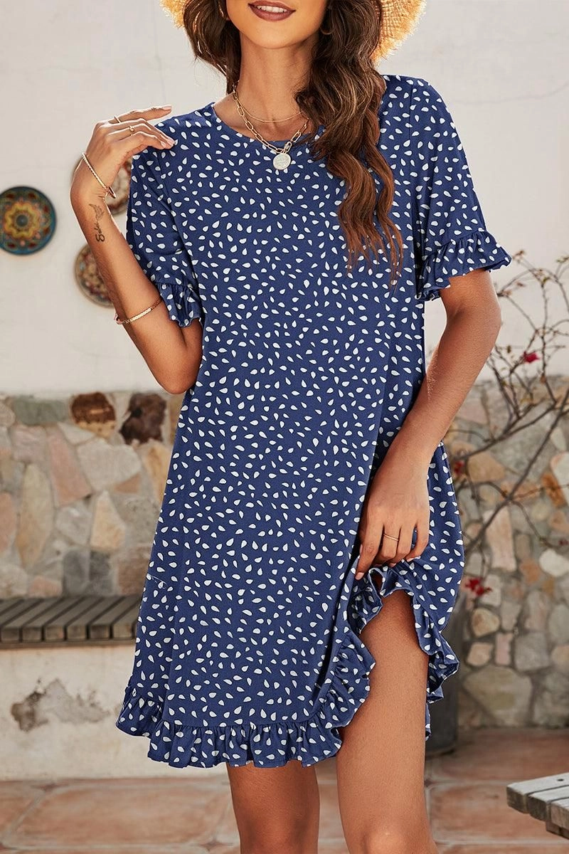 LEOPARD PRINTING RUFFLED SHORT SLEEVE DRESS knee-length