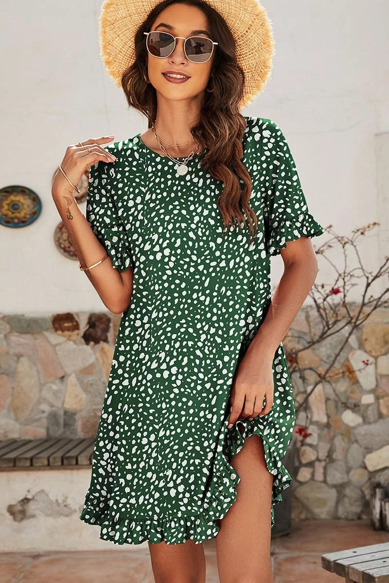 spring fresh LEOPARD PRINTING RUFFLED SHORT SLEEVE DRESS