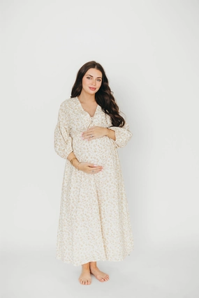 Fresh Form Hunter 100% Cotton Gauze Midi Dress in Natural/Fawn Floral - Bump Friendly
