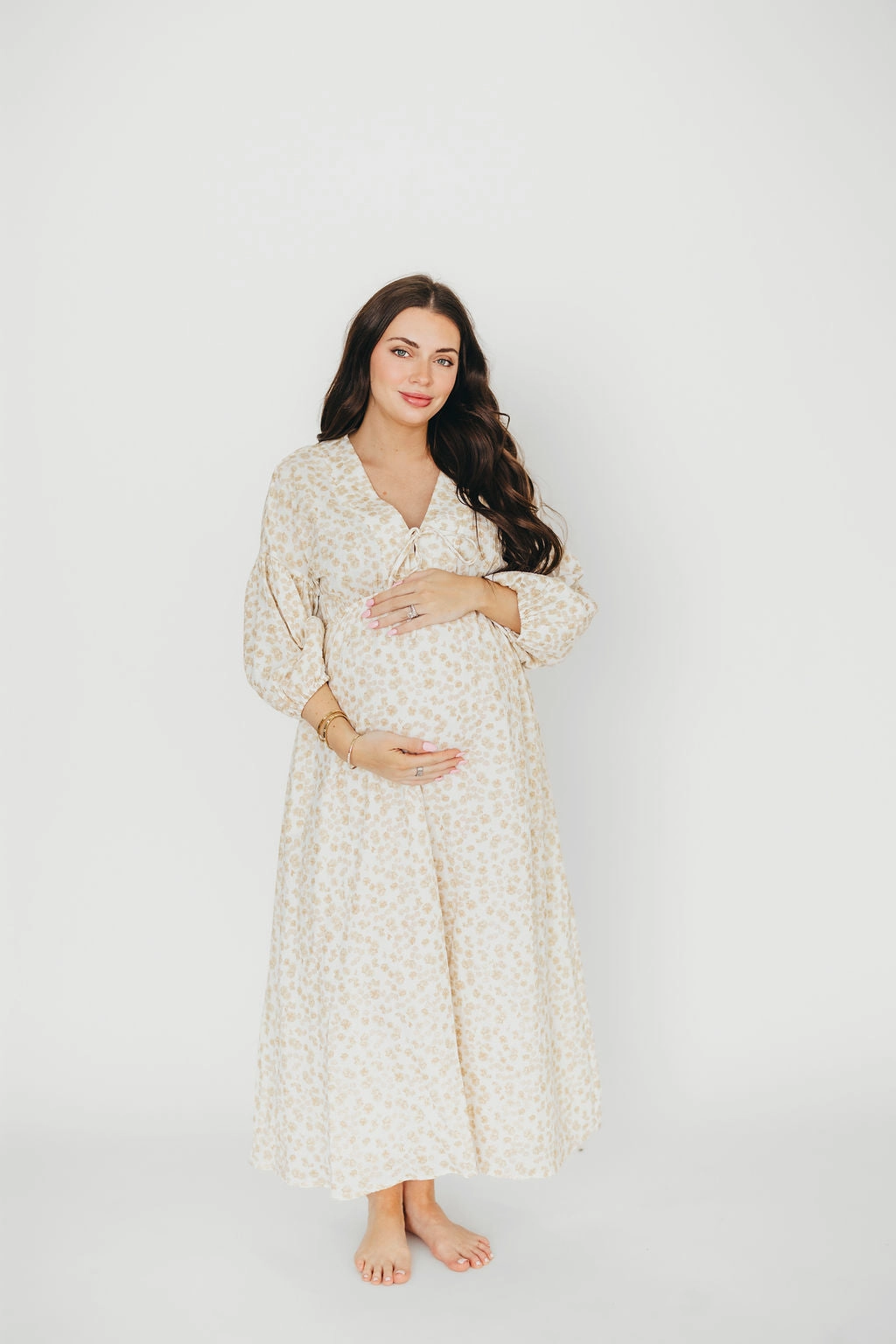 Fresh Form Hunter 100% Cotton Gauze Midi Dress in Natural/Fawn Floral - Bump Friendly
