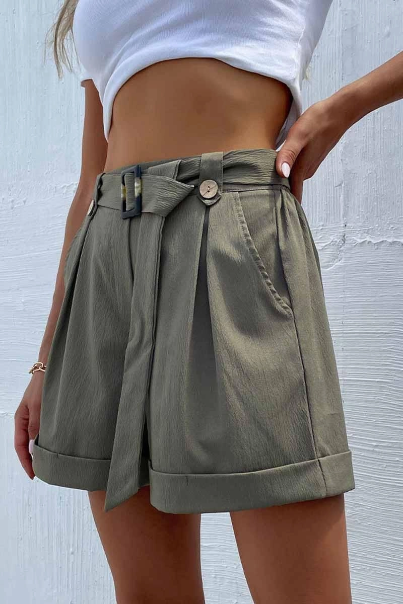 HIGH WAIST BELTED POCKET SHORT PANTS NonRestrictiveCut Metallic accents