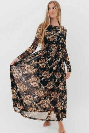 Tori Floral Mesh Long Sleeve Midi Dress in Black Day Magic
