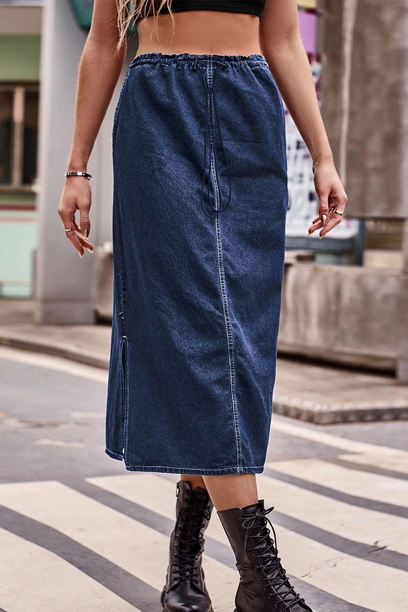 SIDE SLIT CASUAL DENIM MIDI SKIRT Adjustable Belt Loops