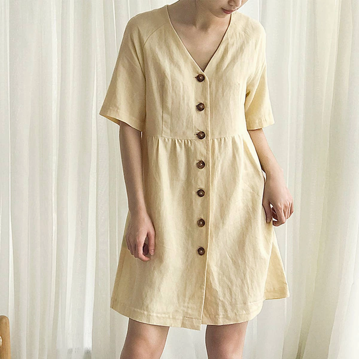 COTTON WAIST SLIMMING HEMP FRENCH DRESS_CWDSD4069 Bright Mood