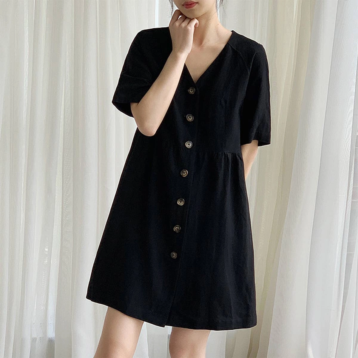 Sleek long-sleeve dress Chilly Weather Layer COTTON WAIST SLIMMING HEMP FRENCH DRESS_CWDSD4069