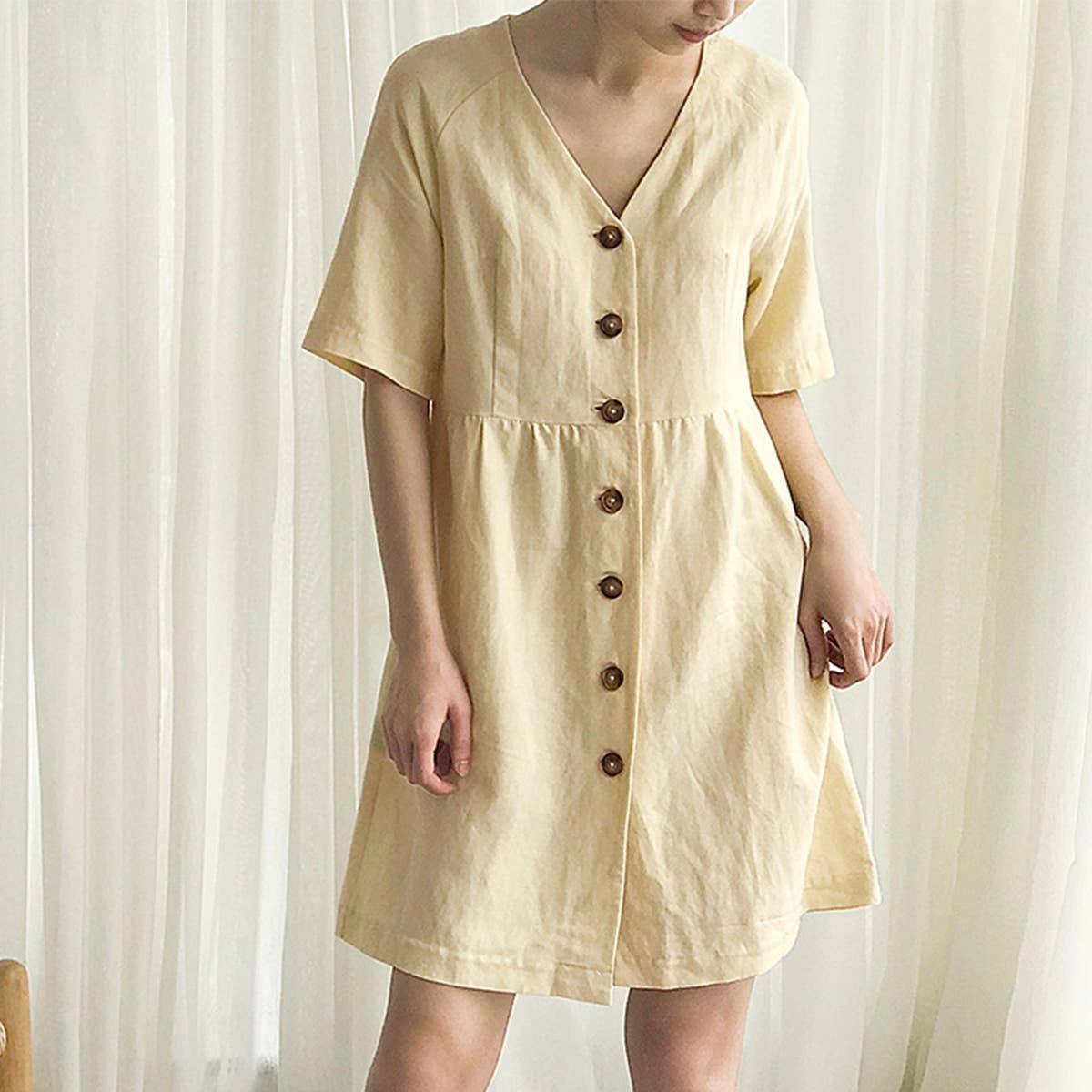 Modern Style COTTON WAIST SLIMMING HEMP FRENCH DRESS_CWDSD4069
