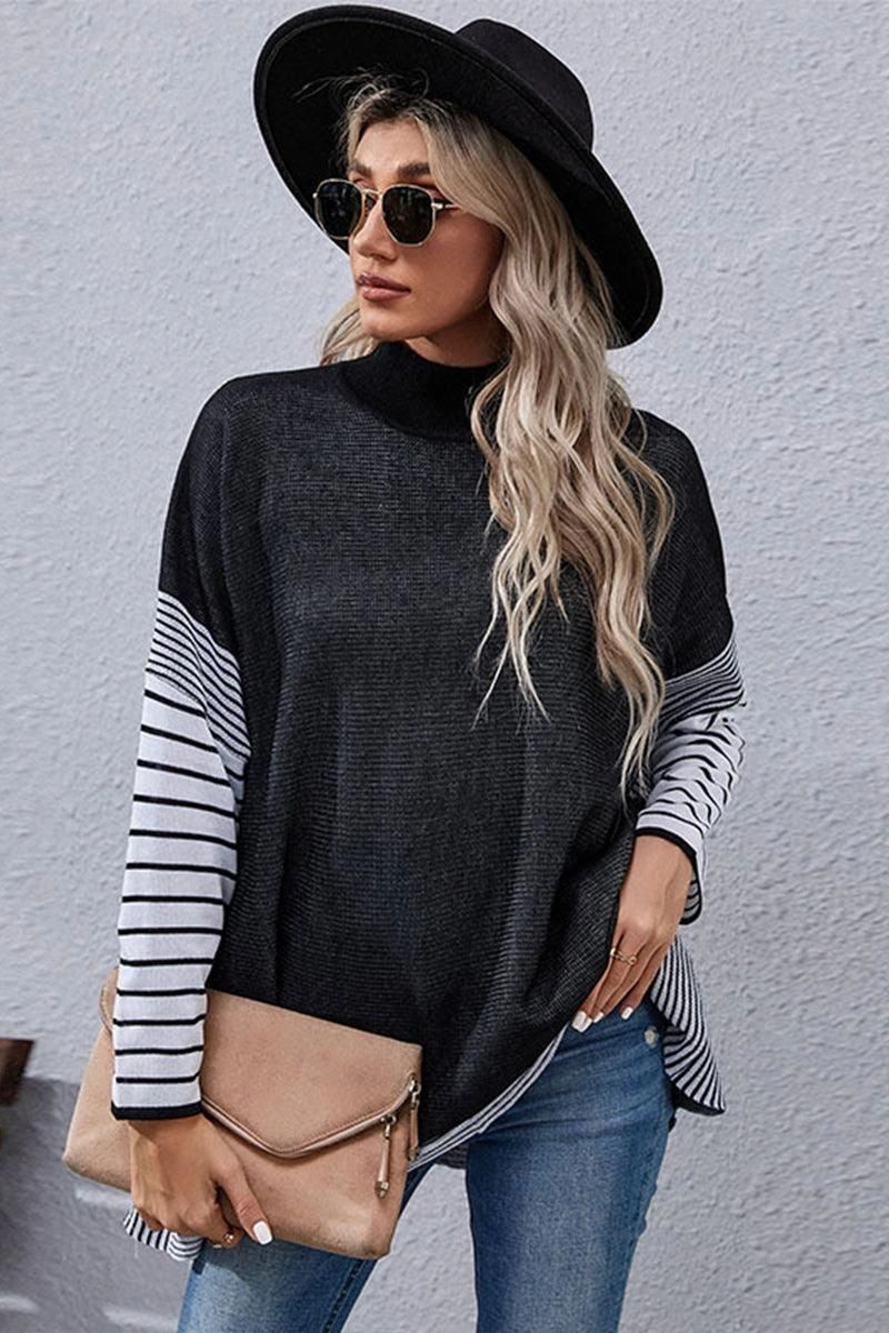 STRIPED SLEEVE HIGH NECK LOOSE FIT CASUAL SWEATER Multi Panel Construction Organic Cotton Fiber