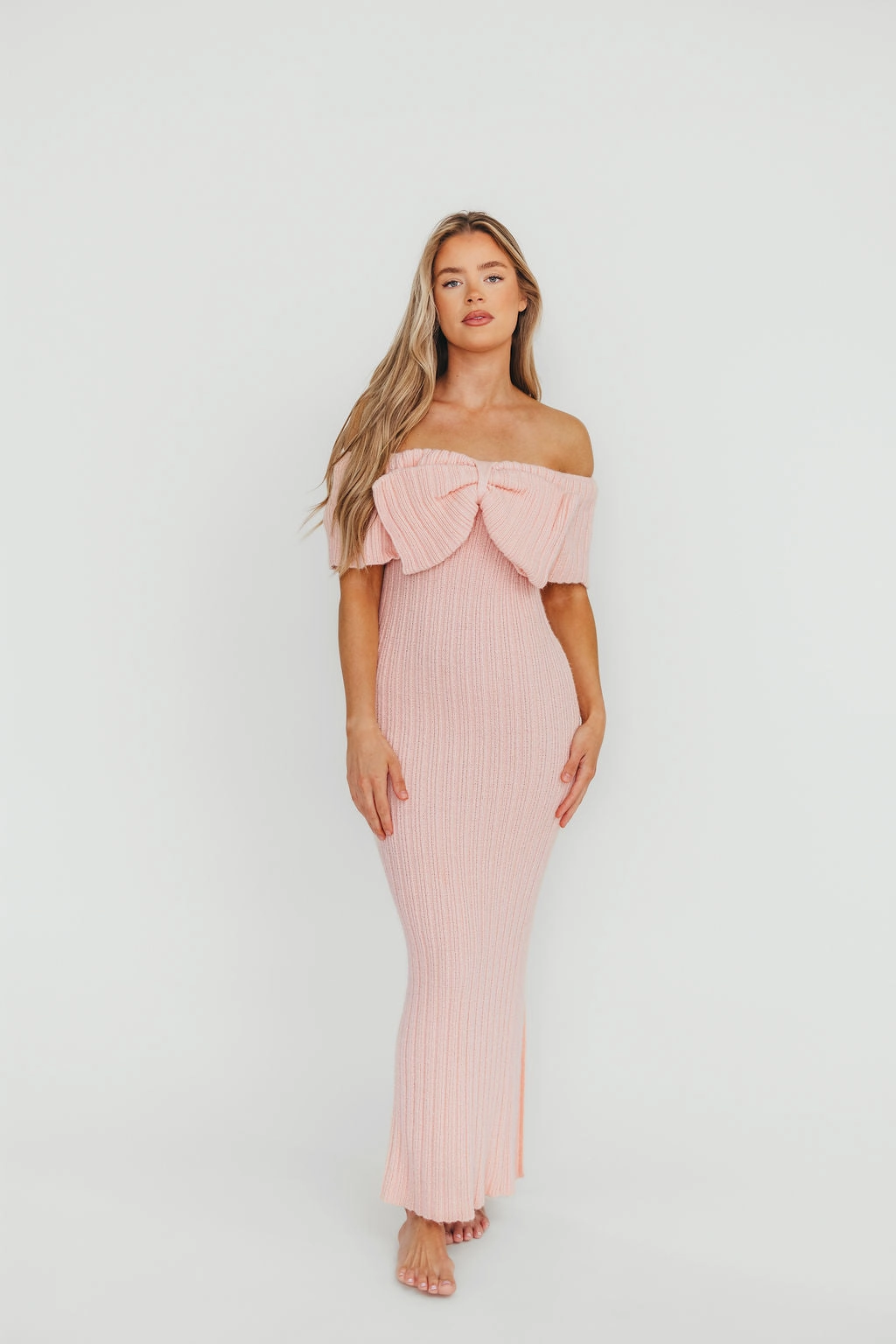 Aston Bow Front Maxi Sweater Dress in Pinkish Petal ?C Bump Friendly & Inclusive Sizing (S-3XL) Textured Look