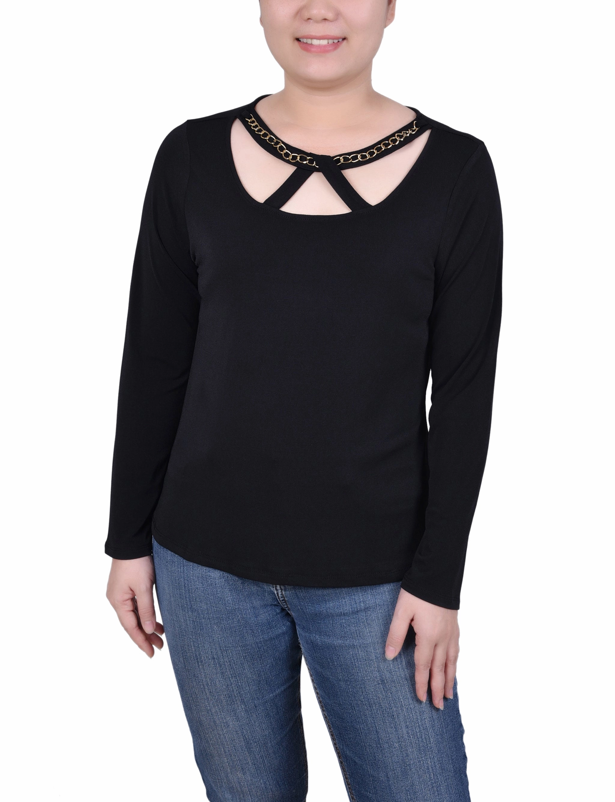 Long Sleeve Jeweled Neck Top QuickDry ReinforcedHems
