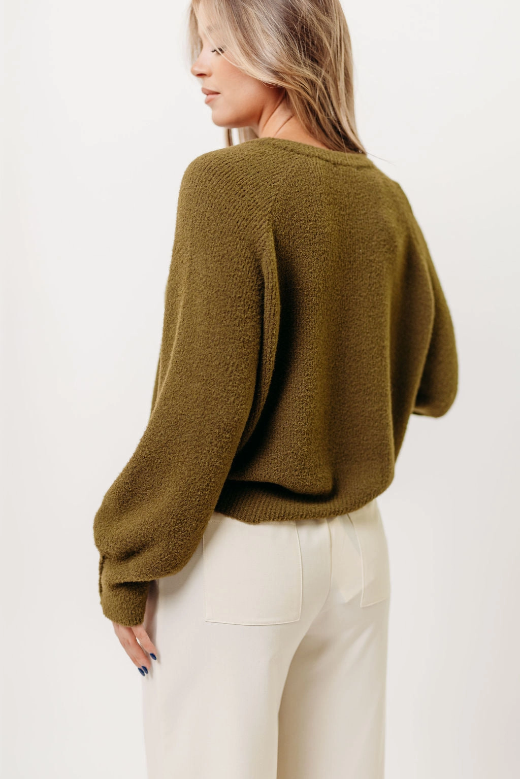 Raglan Sleeve Andrea Fuzzy Ribbed Knit Cardigan Top in Olive