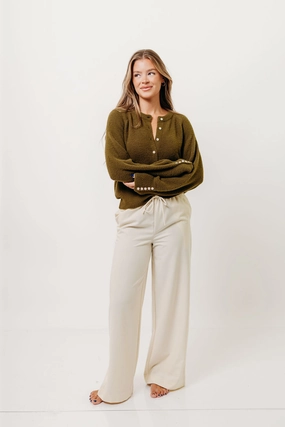 Andrea Fuzzy Ribbed Knit Cardigan Top in Olive OdorResistant Technology