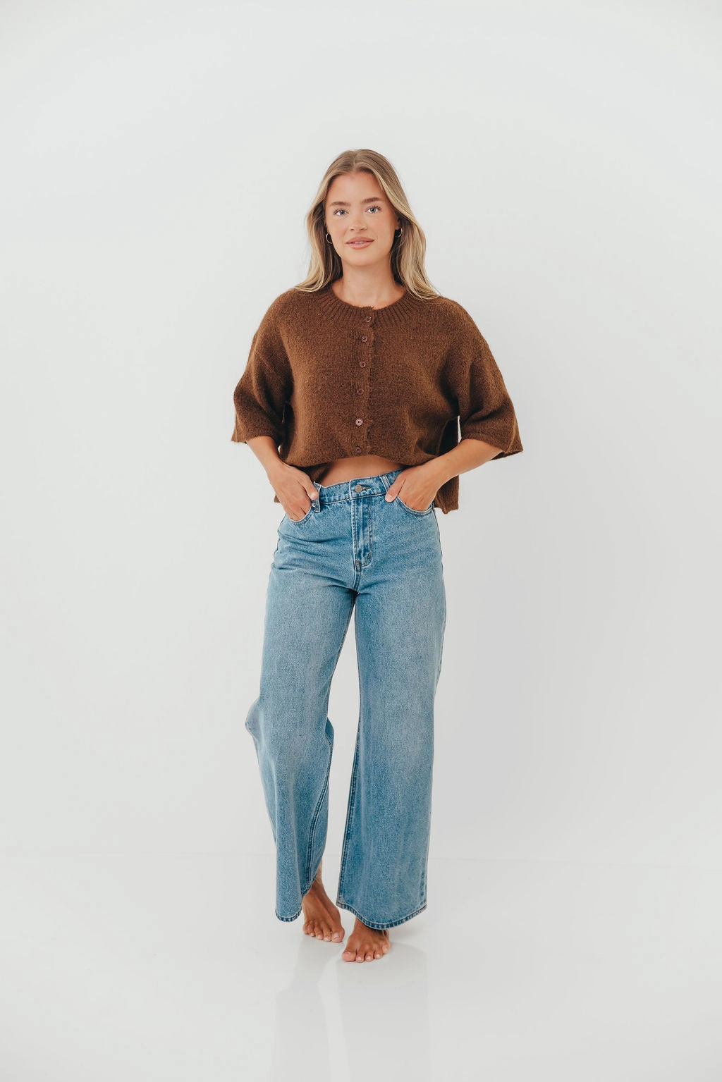 Everyday Comfort Fit Chutney Button-Up Half Sleeve Knit Cardigan Top in Brown