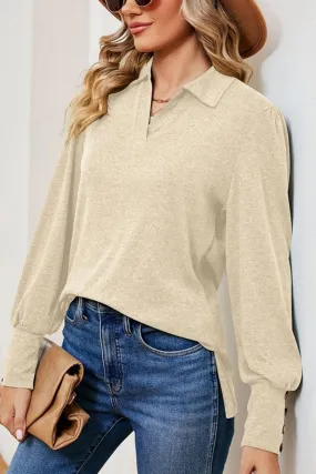 WOMEN COLLARED BUTTON DECKED CUFF BASIC T SHIRT Compact Stitching