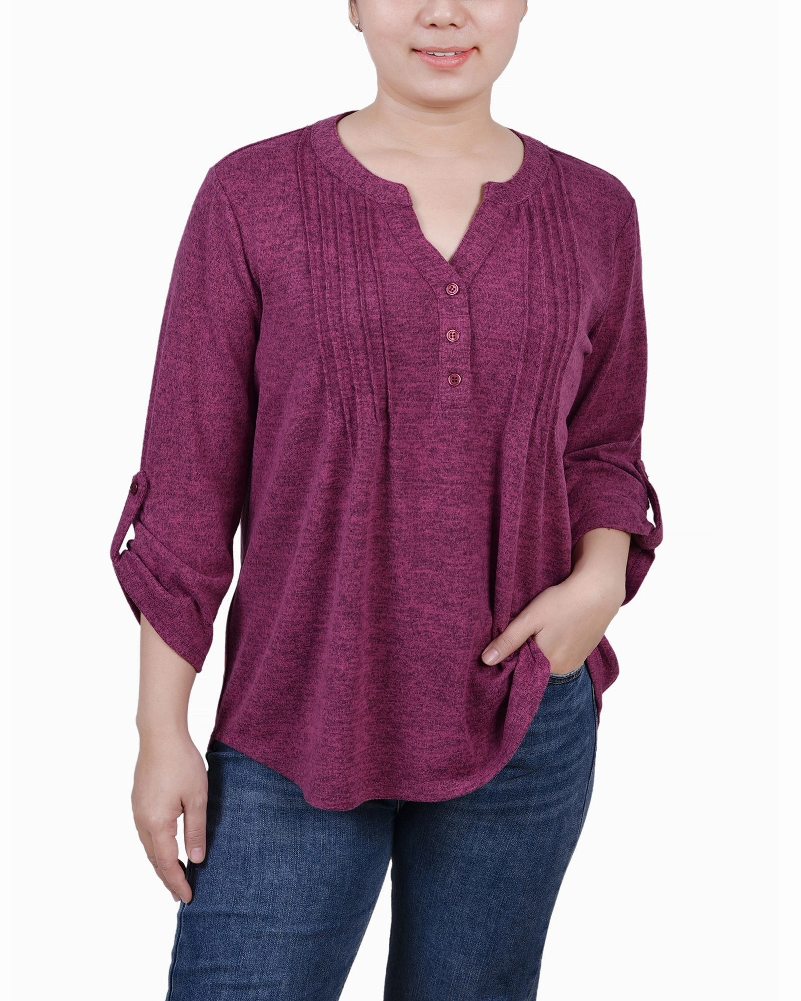 Flexible Ribbed Cuffs 3/4 Roll Tab Sleeve Y Neck Top