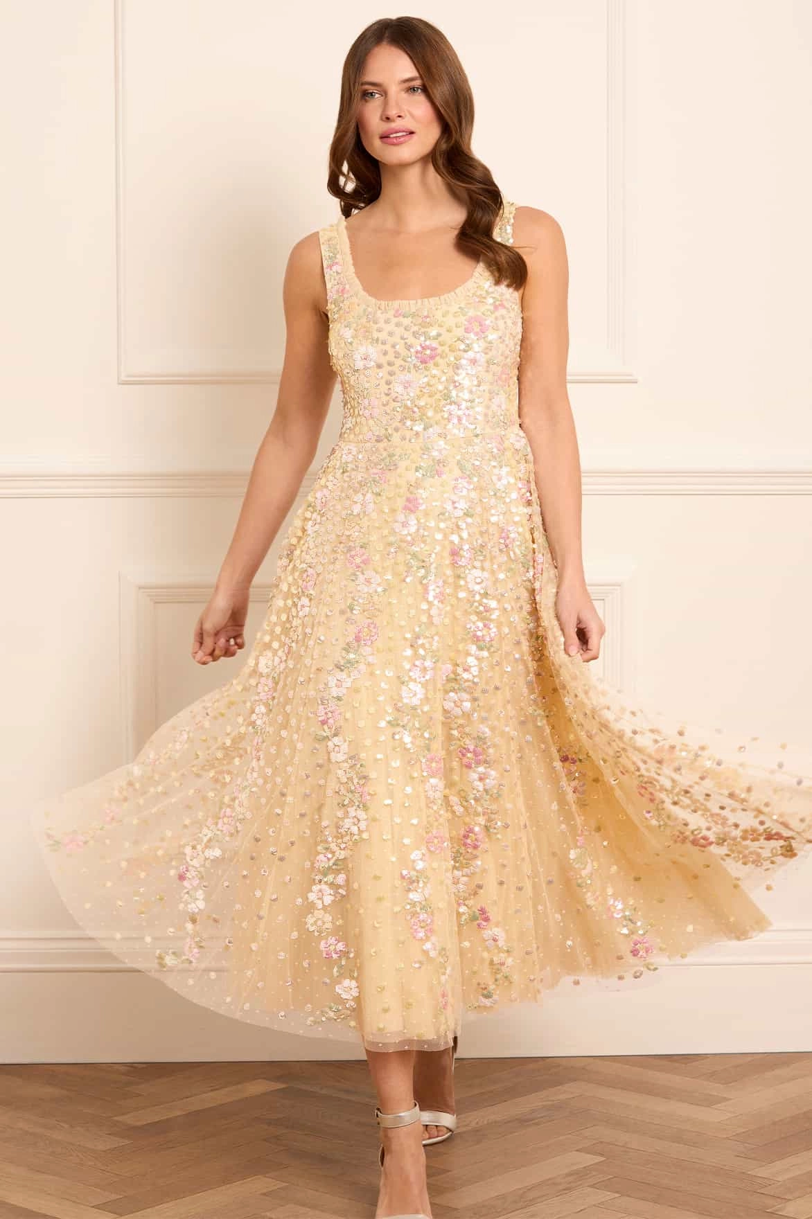 Elegant Mature Side-Pocket Confetti Scoop Neck Ballerina Dress