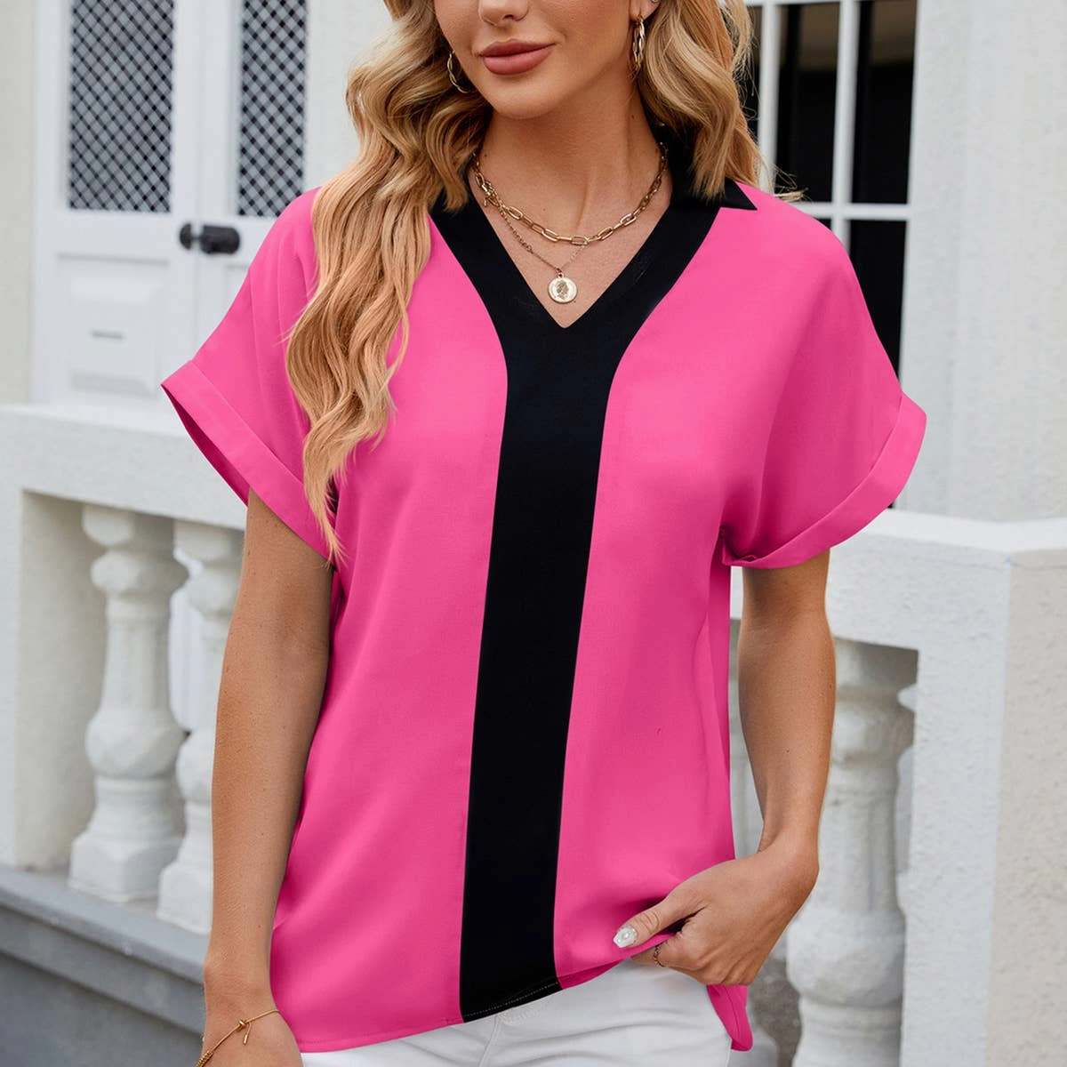 Tailored Seams CONTASTING COLOR COLLARED CHIFFON BLOUSE_CWTBLS0516