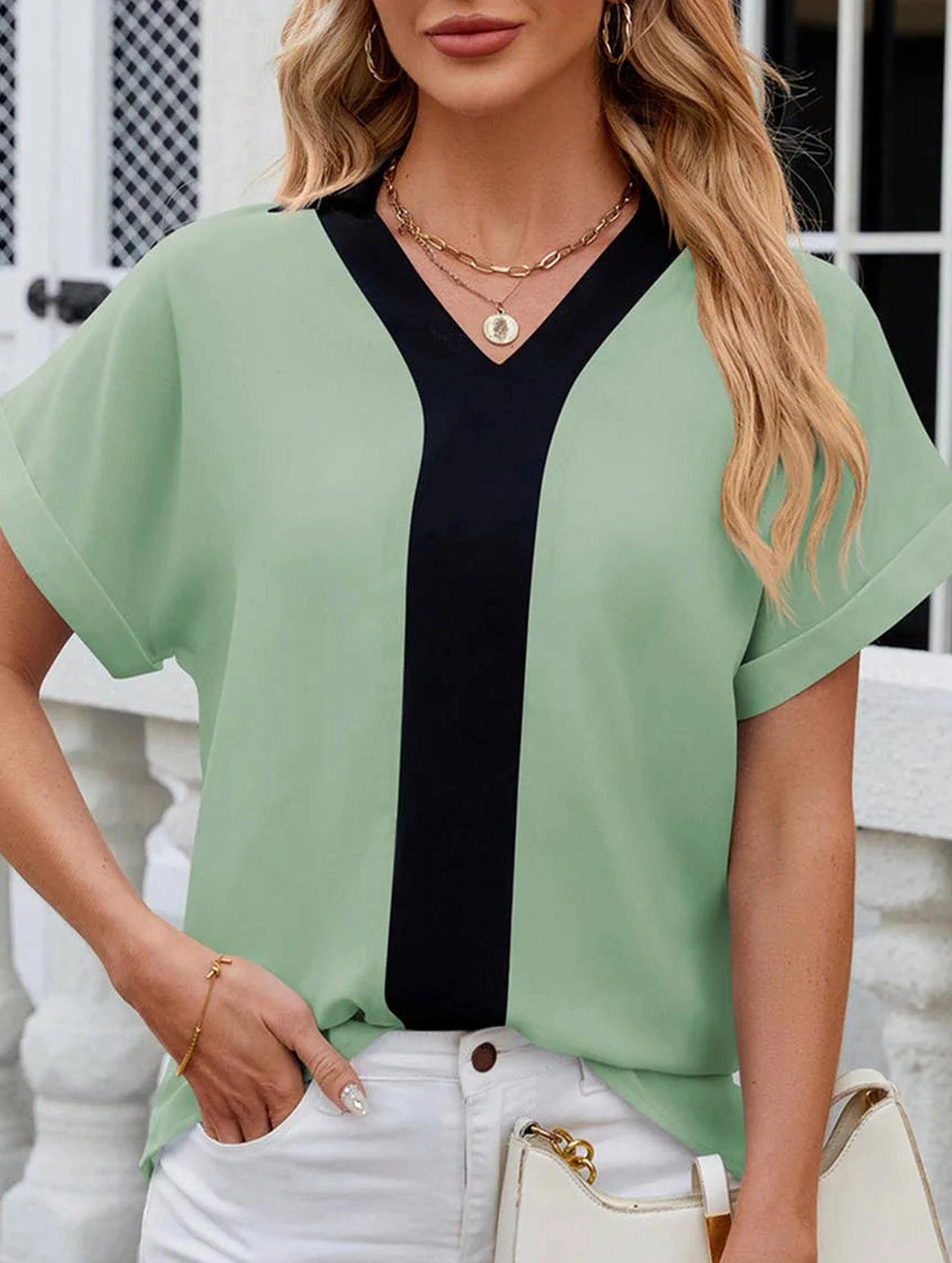 Zero Waste Cut Pattern CONTASTING COLOR COLLARED CHIFFON BLOUSE_CWTBLS0516