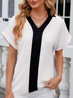 CONTASTING COLOR COLLARED CHIFFON BLOUSE_CWTBLS0516 Non Irritating Seam Finish