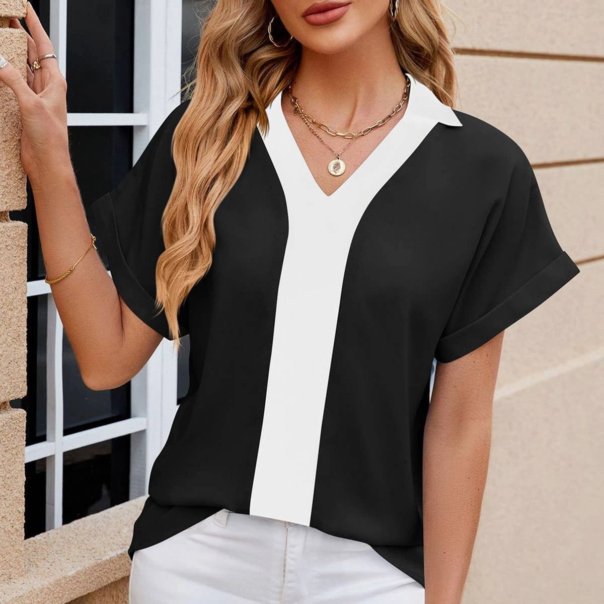 TemperatureRegulating Quick Access Pockets CONTASTING COLOR COLLARED CHIFFON BLOUSE_CWTBLS0516