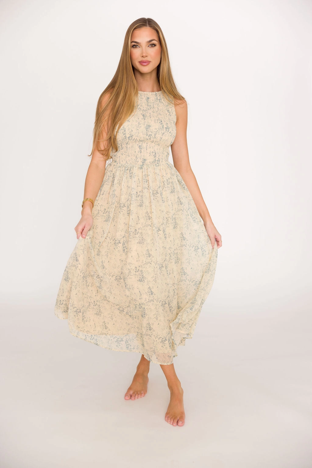 Alaina Floral Print Smocked Midi Dress in Blue Multi * Final-Sale * Sleek Look NoiseFreeFabric