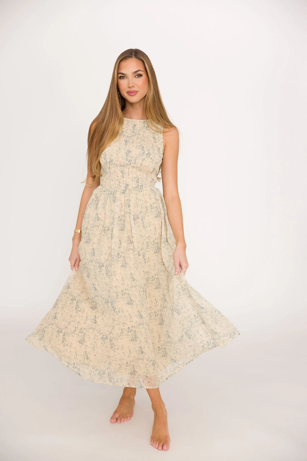 Alaina Floral Print Smocked Midi Dress in Blue Multi * Final-Sale * Non-Iron