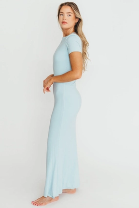 The Charlie Ribbed Maxi Dress in Baby Blue -Bump Friendly Smooth Shape Romantic Bloom