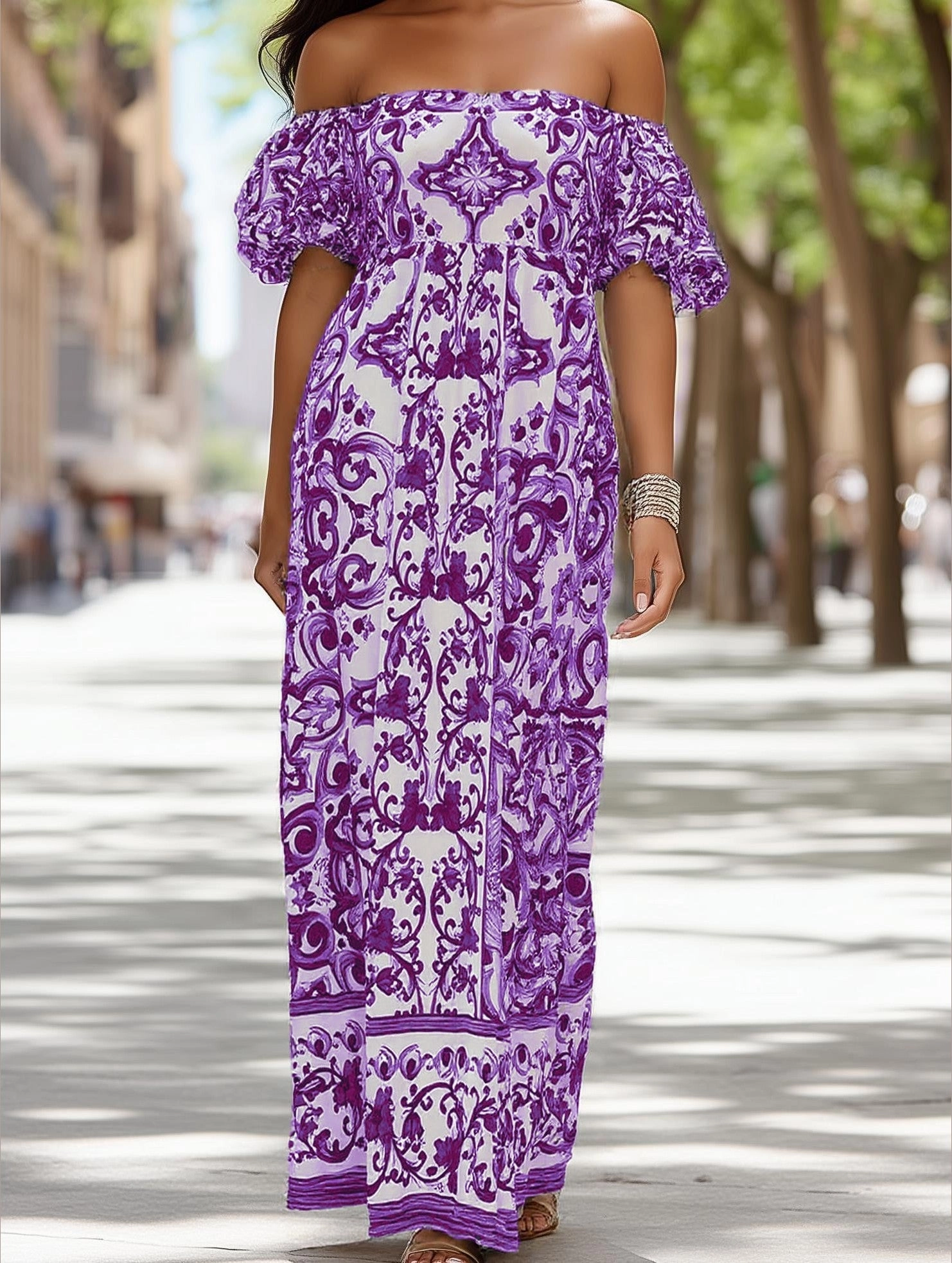 Soft Appearance Comfy and Cozy Bohemian One-Shoulder Maxi Dress ??Printed Flowy Summer Dress
