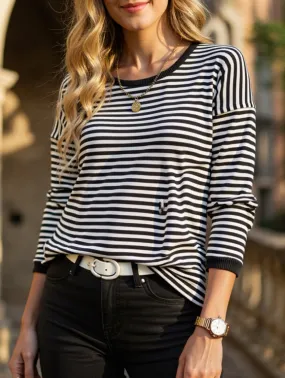 Contrast trim Striped Knit top ThermalLining Moisture wicking