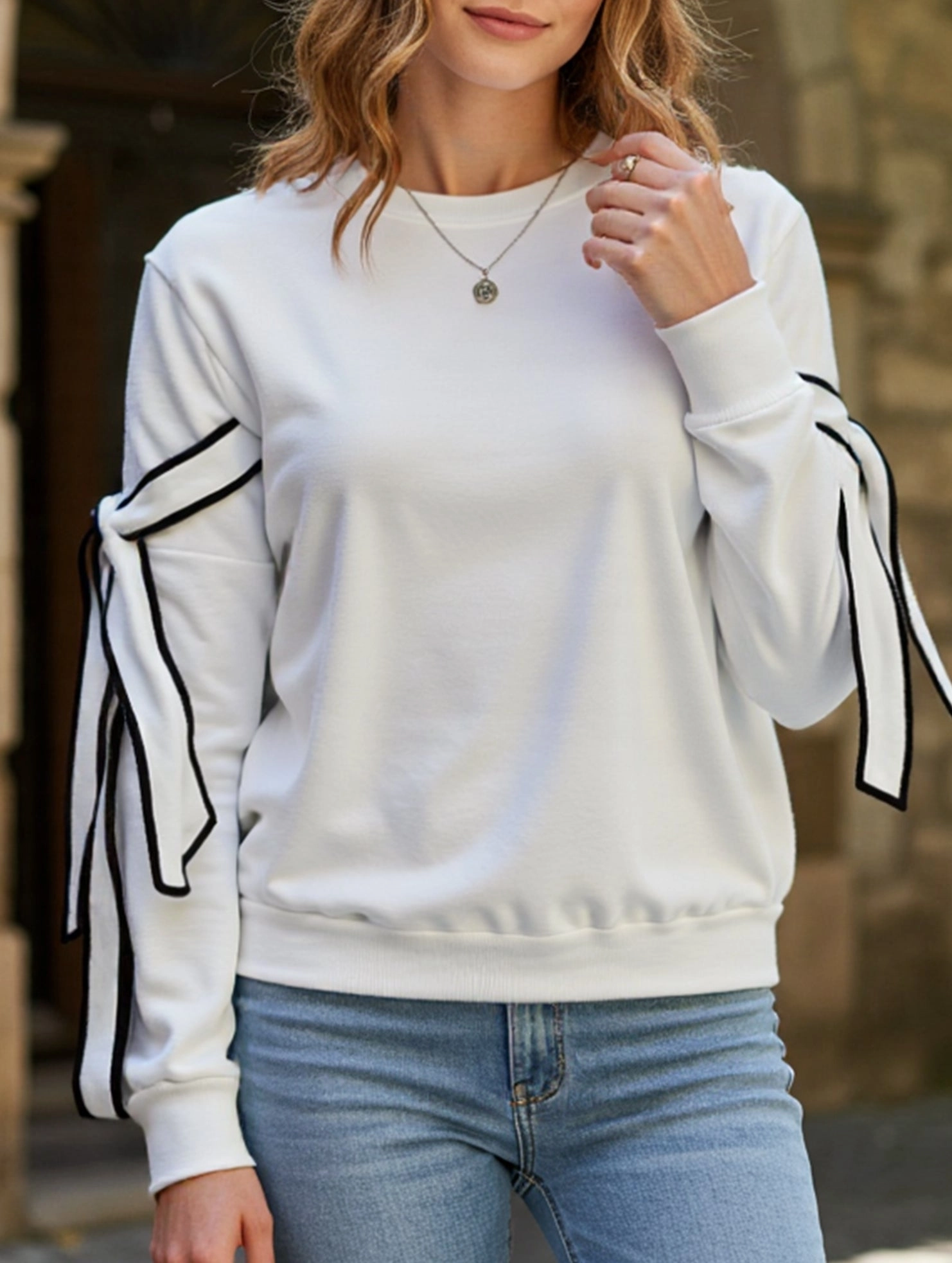 Bowknot round neck long-sleeved pullover sweatshirt Drop Shoulder Silhouette