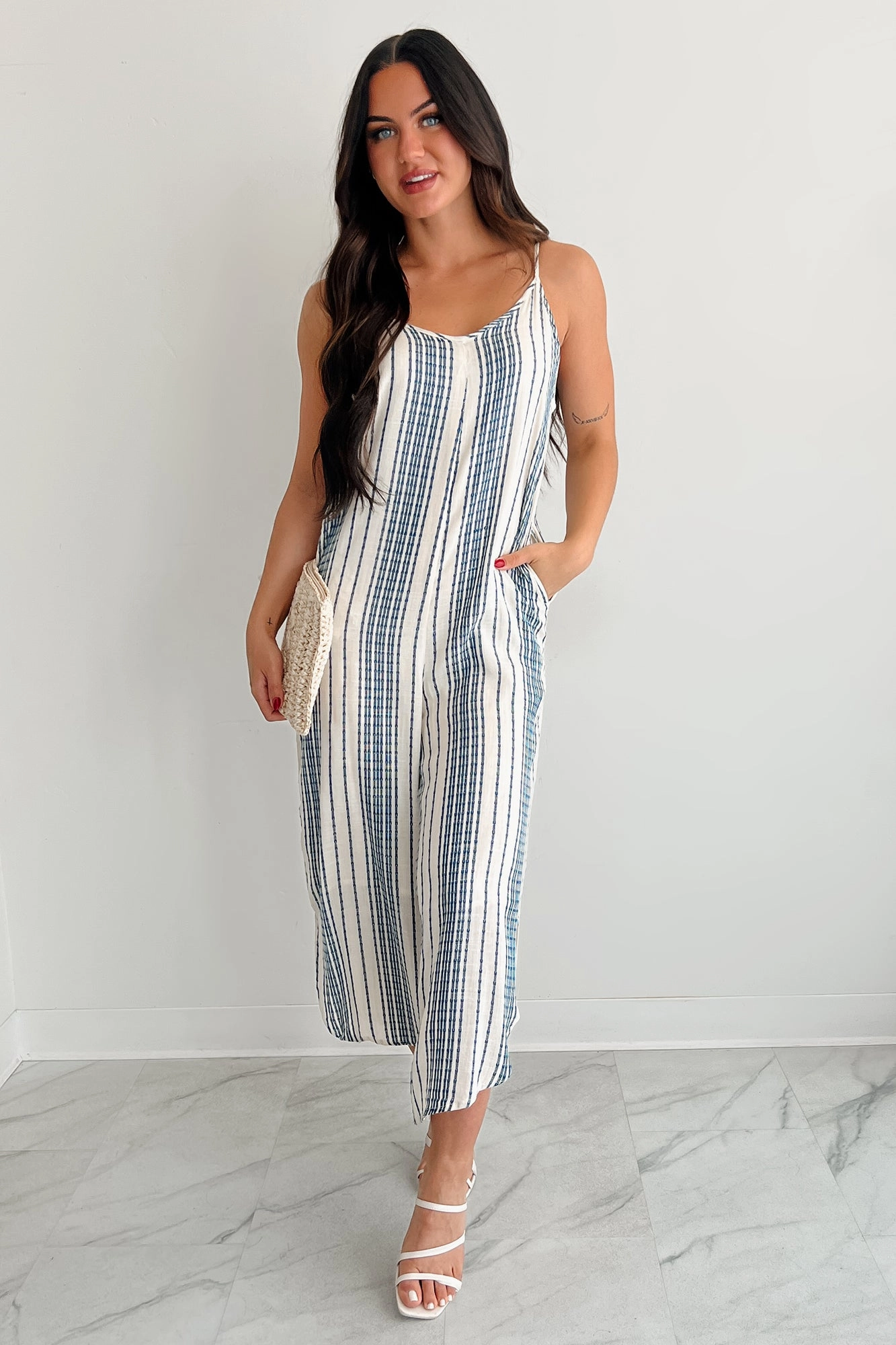 Worn With The Wind Sleeveless Striped Jumpsuit (Ivory/ Blue) Bamboo Derived Material wrinkle free finish