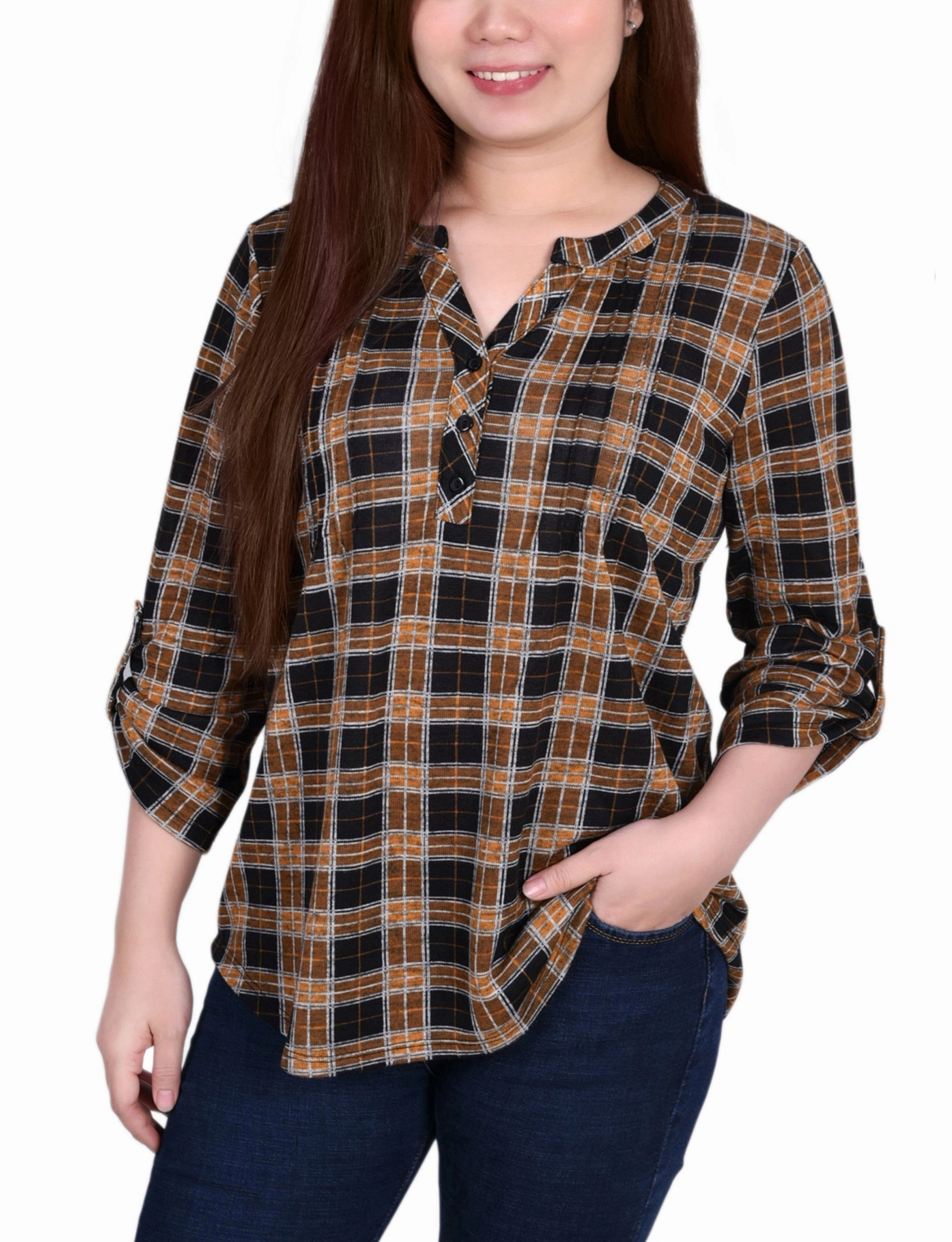 Minimalist Styling Foldable Cuff Design 3/4 Roll Tab Sleeve Y Neck Top