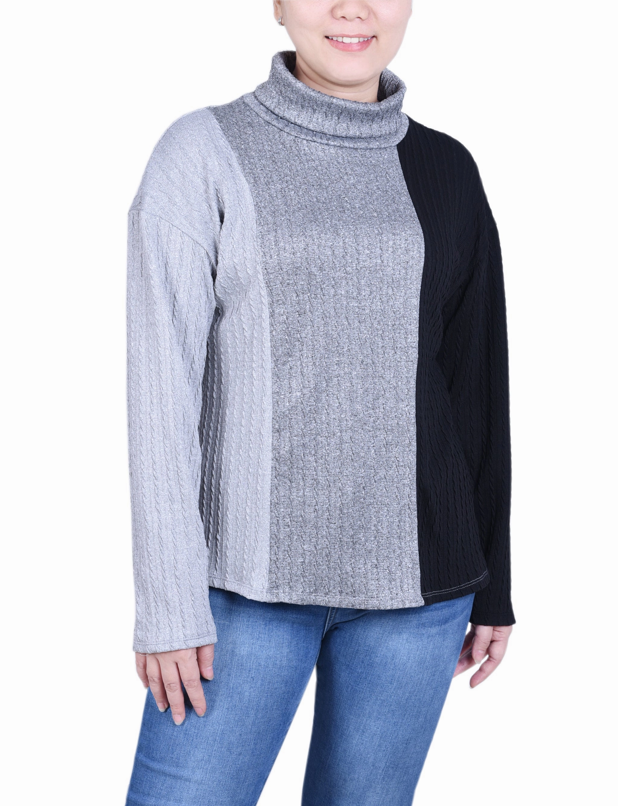 Petite Long Sleeve Colorblocked Top ContrastStitching