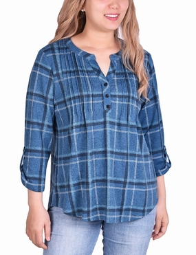 ReflectiveDetails Elasticated Hem 3/4 Sleeve Roll Tab Pintucked Front Pullover Top