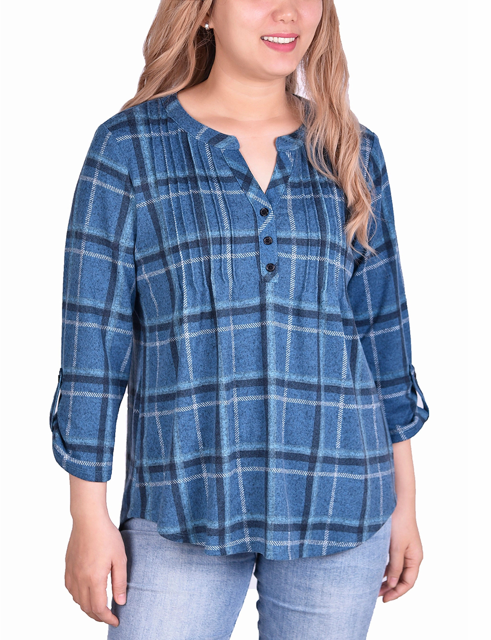 Anti Pill Surface 3/4 Sleeve Roll Tab Pintucked Front Pullover Top