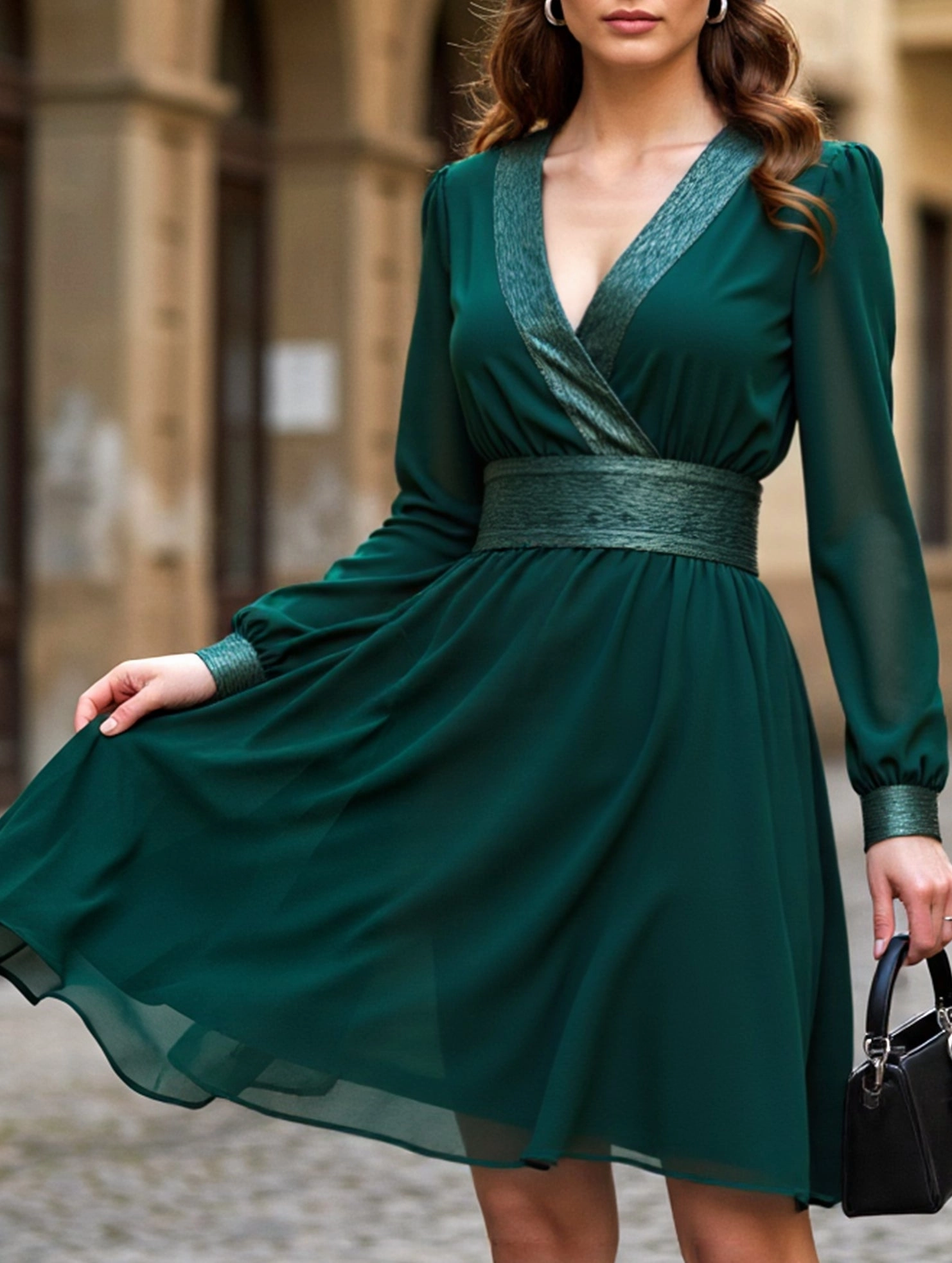 Limited-Edition Fashionable Layer Solid color chiffon V-neck long-sleeved dress