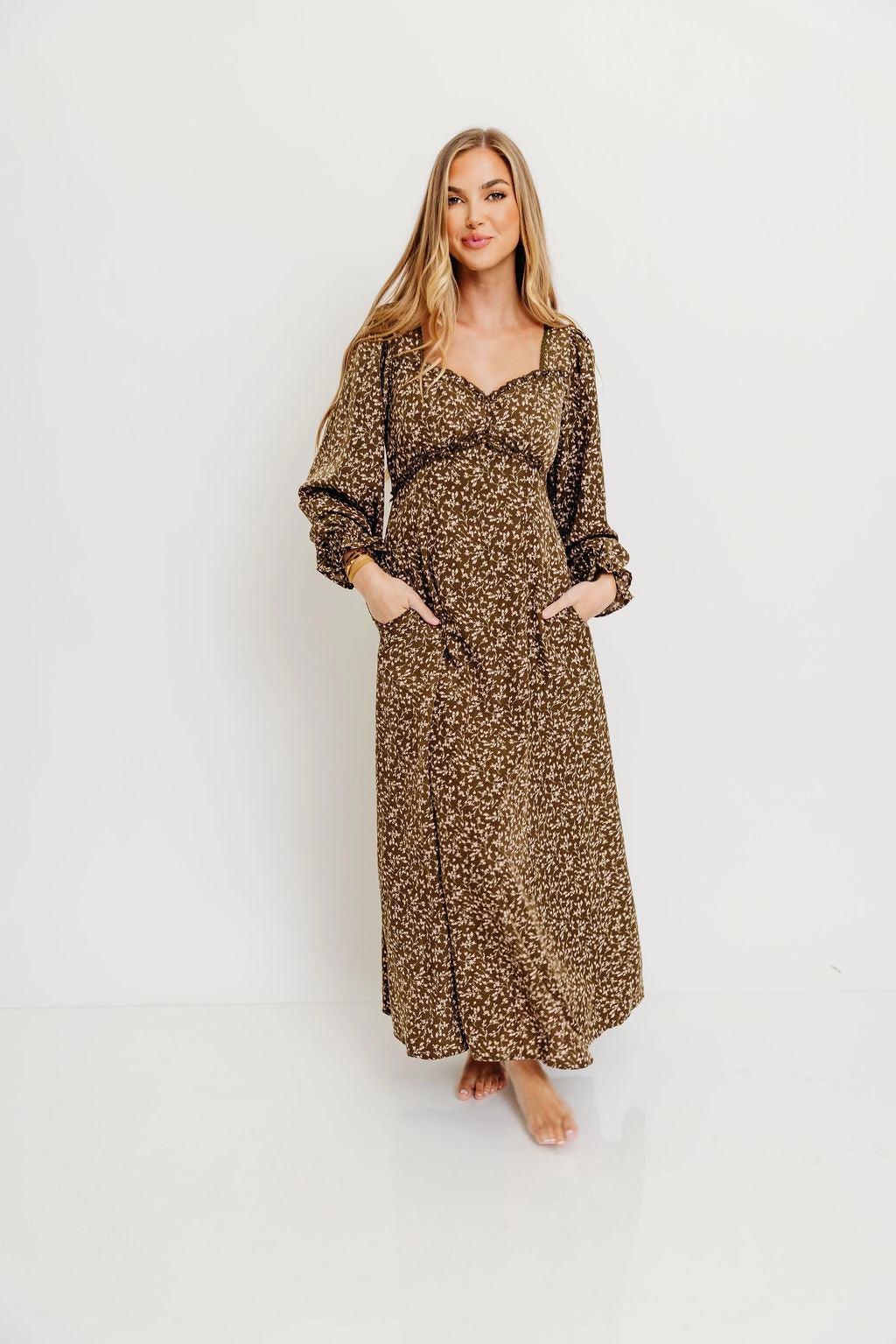 Erin Floral Maxi Dress in Olive Tiered-Skirt Layered Style