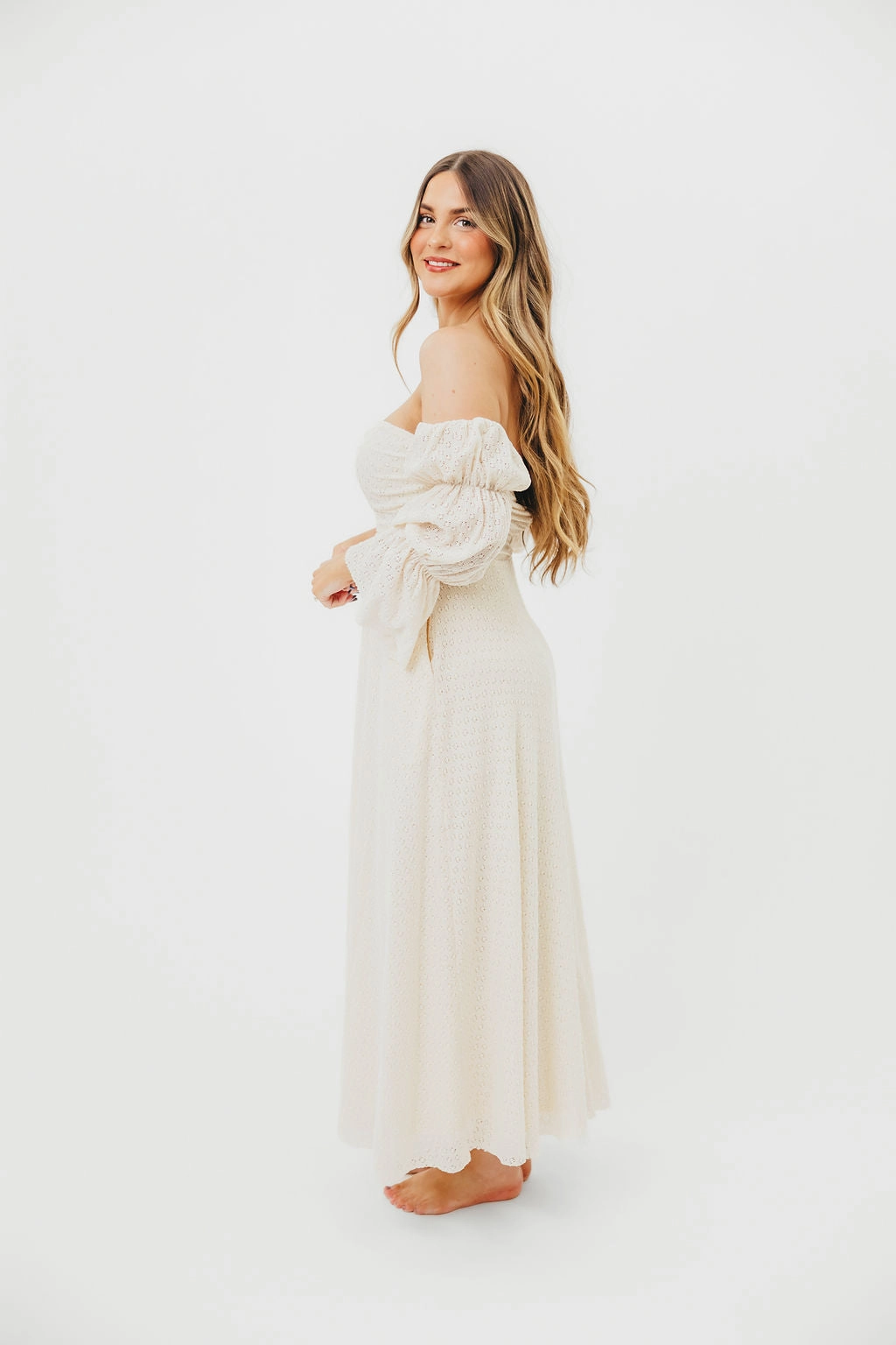 Corrine Tiered Sleeve Maxi Dress in Ivory Cream Airy Comfort Seamless-Look