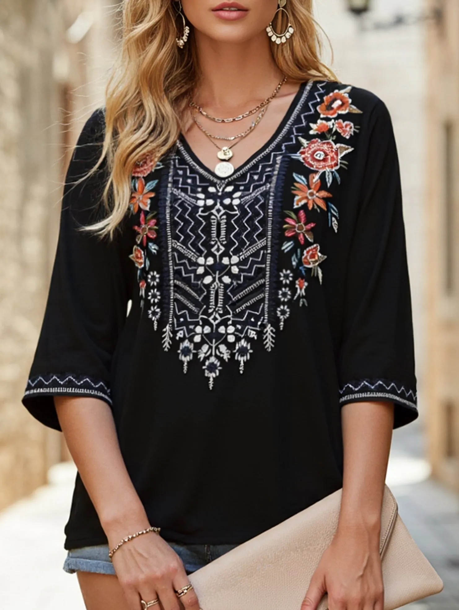 Cotton V-Neck Plus Size Embroidered Blouse | Black and Brown Odor Resistant Coating