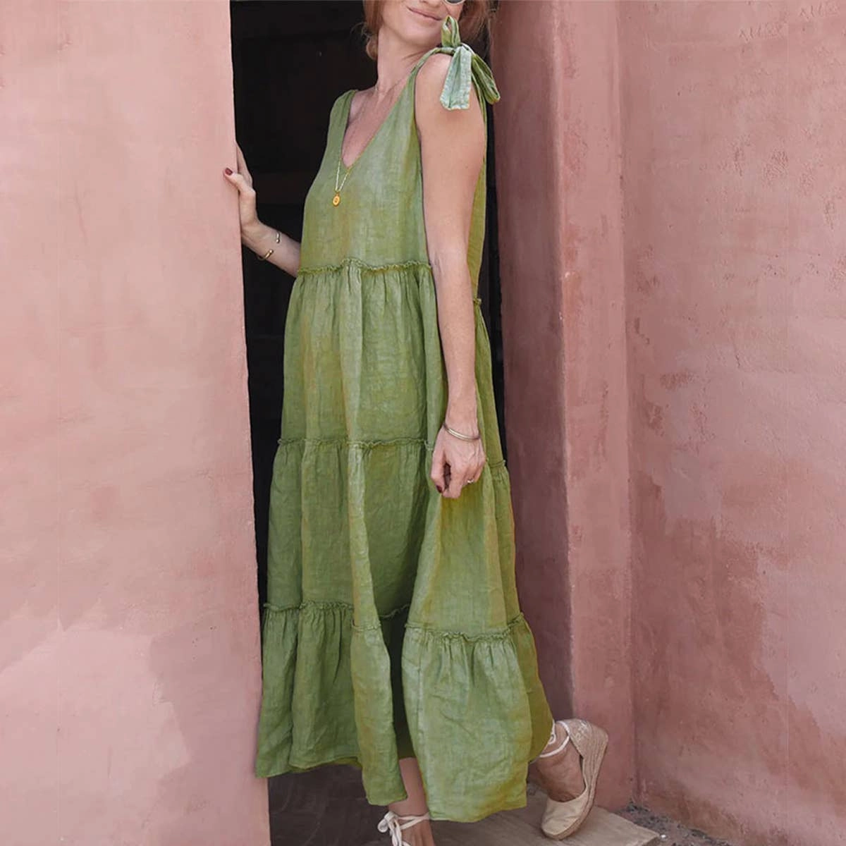 COTTON AND LINEN SLEEVELESS DRESS_CWDMD1544 Matte-finish