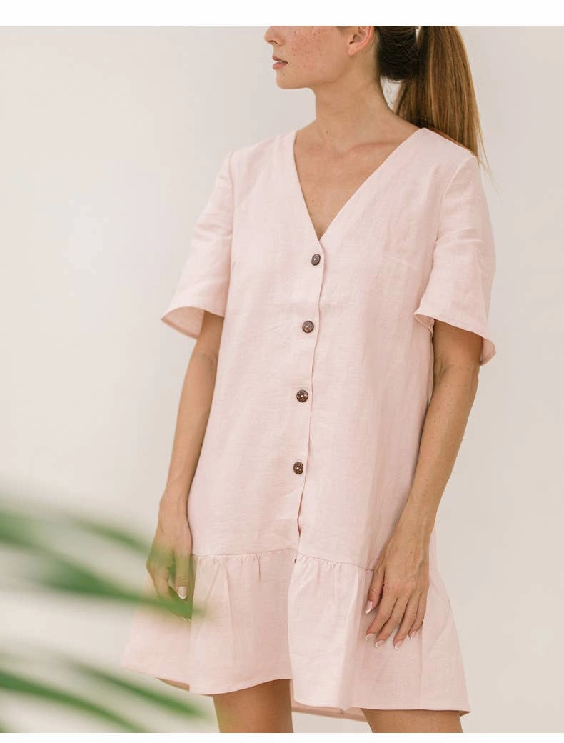 COTTON AND LINEN V-NECK SINGLE-BREASTED DRESS_CWDSD4144 Urban Style Linen Soft