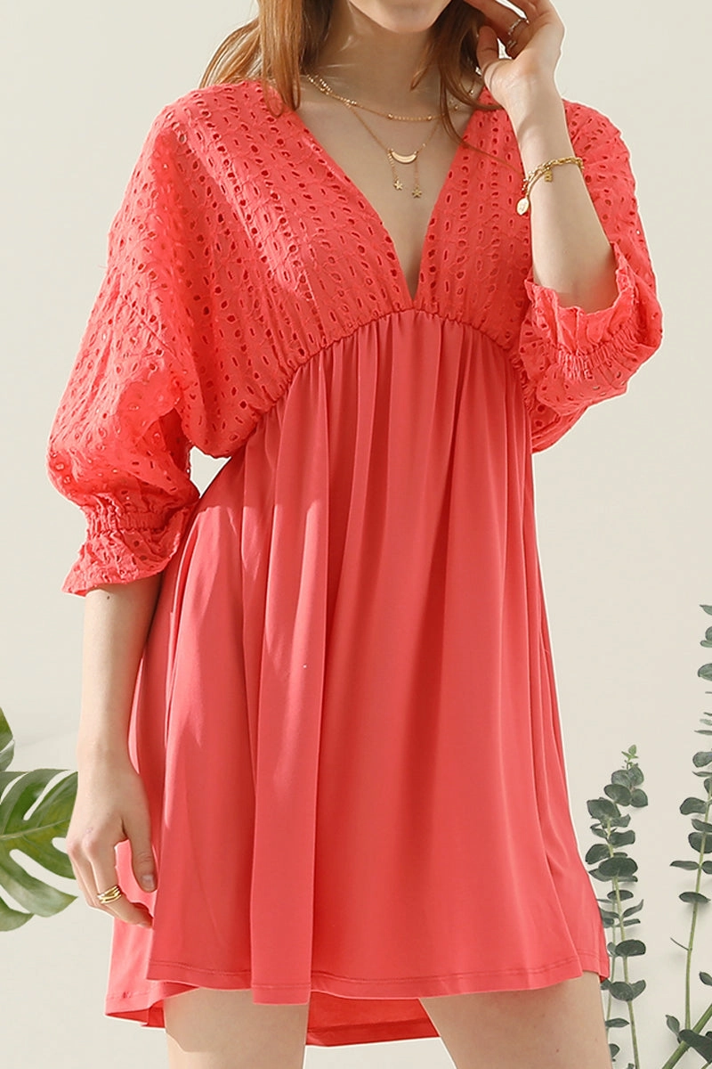 COTTON EYELET 3/4 SLEEVE DRESS Calm Shine