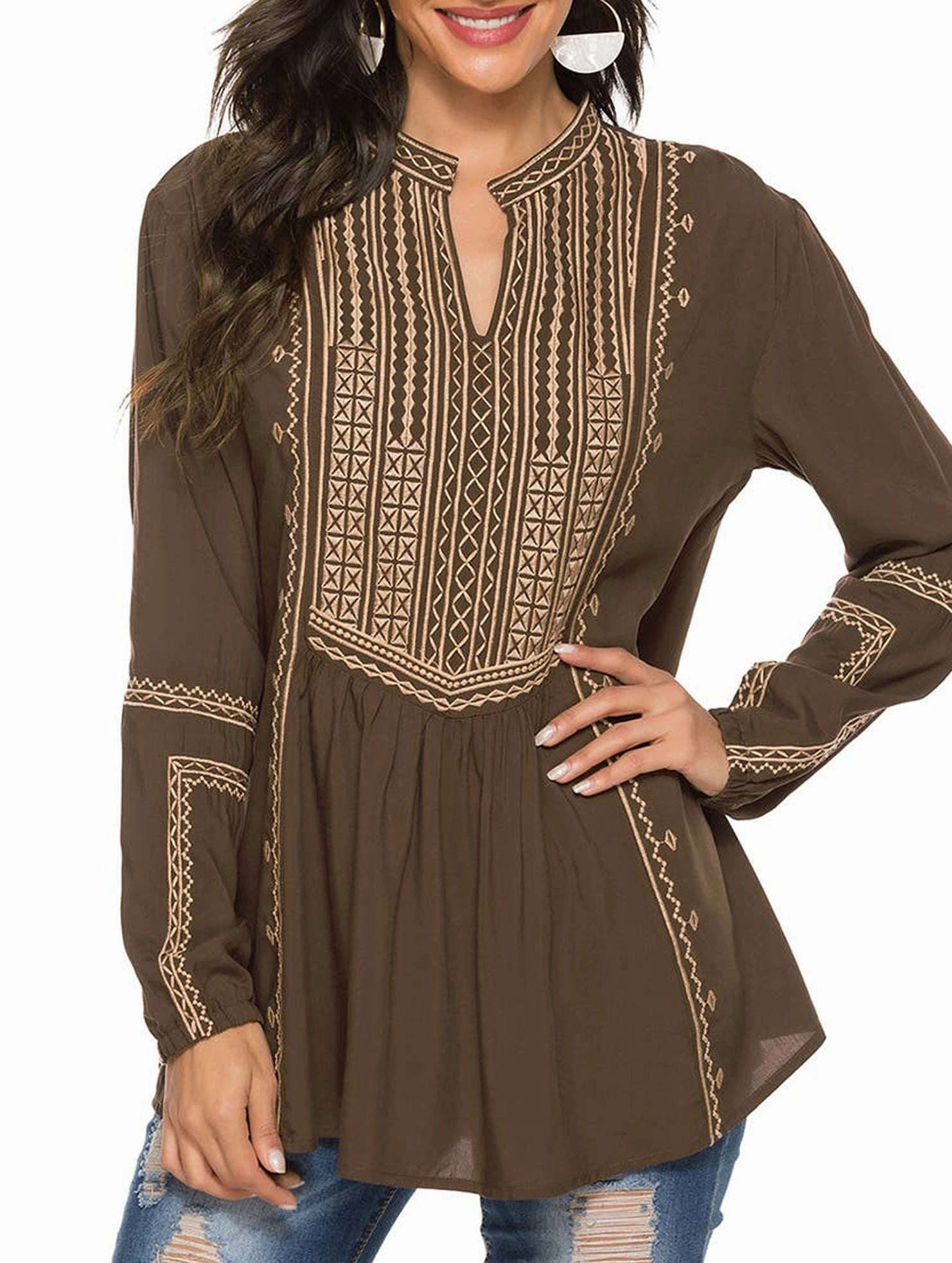 MultipanelLayout QuickRelease Closure COTTON LONG SLEEVE EMBROIDERED BLOUSE_CWTBLL0817