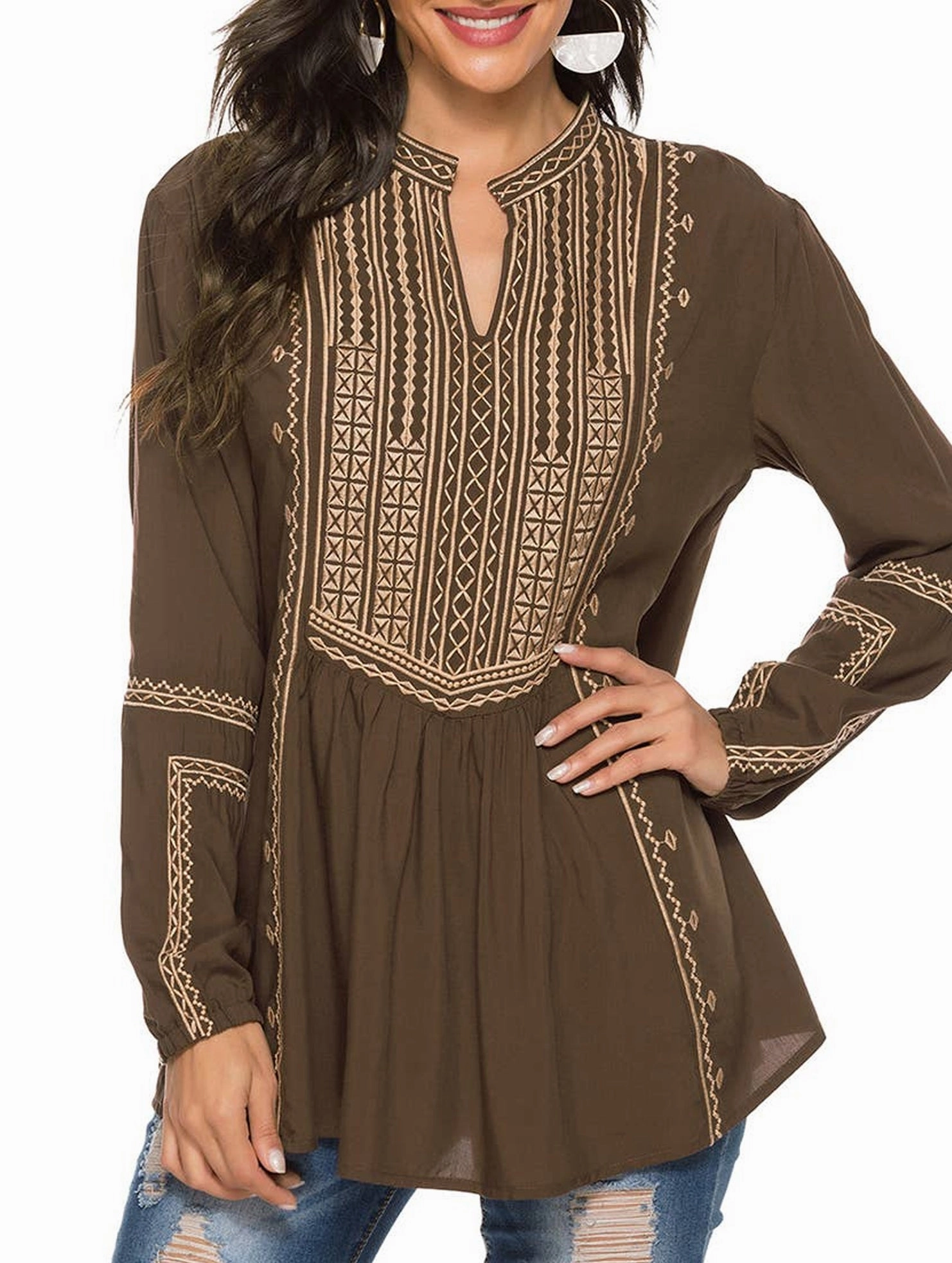 Smooth Stitching COTTON LONG SLEEVE EMBROIDERED BLOUSE_CWTBLL0817